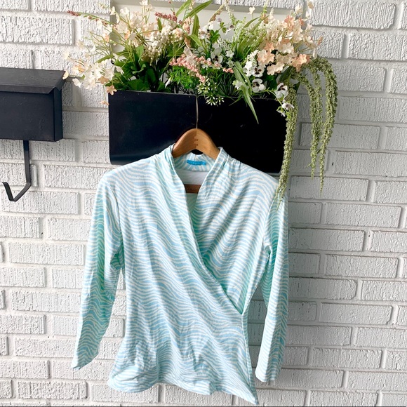 J. McLaughlin Tops - J.McLaughlin 3/4 Sleeve Blue & Cream Wrap Top